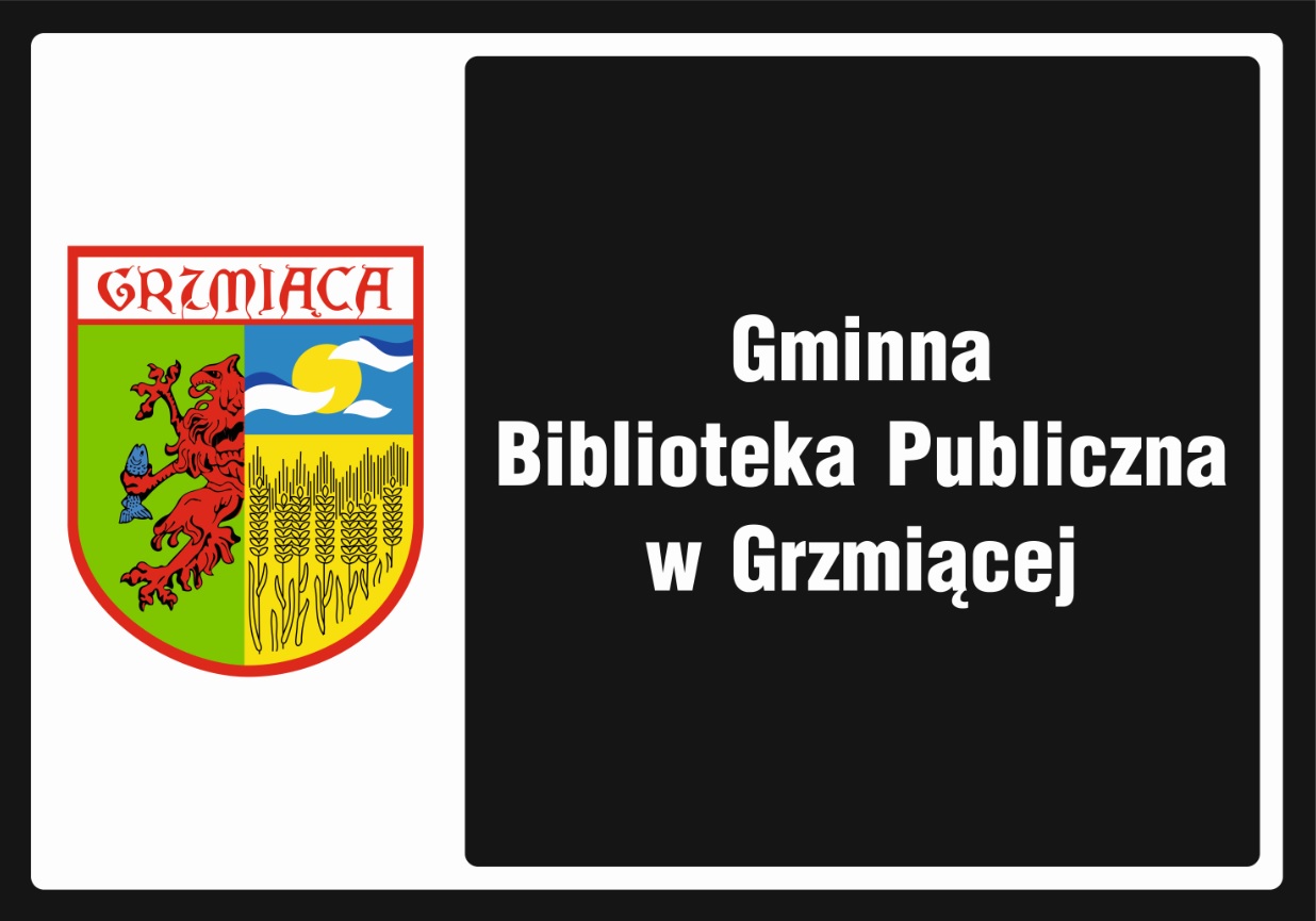 Logotyp biblioteki. Z lewej strony logo Gminy Grzmiąca, po prawej nazwa biblioteki.